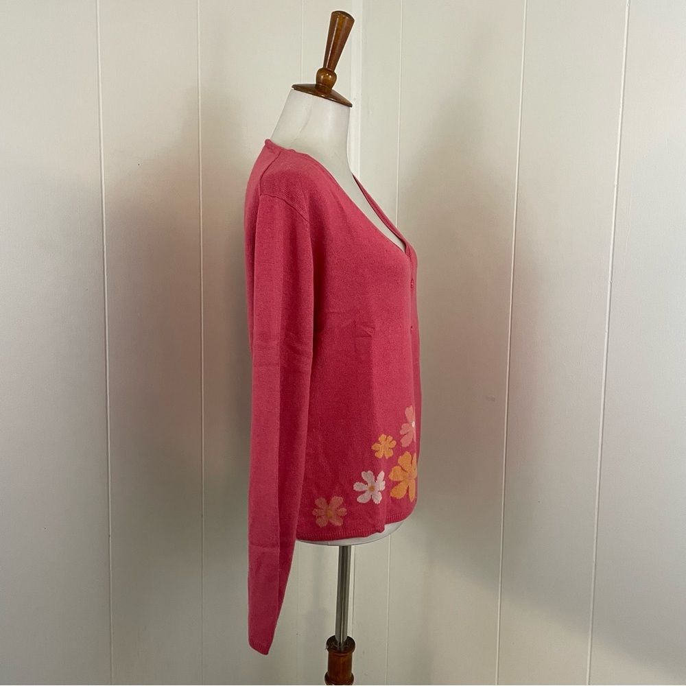 LL Bean Pink Cardigan Sweater Women’s M‎ Silk Cashmere Floral Knit V-Neck - Picture 6 of 8
